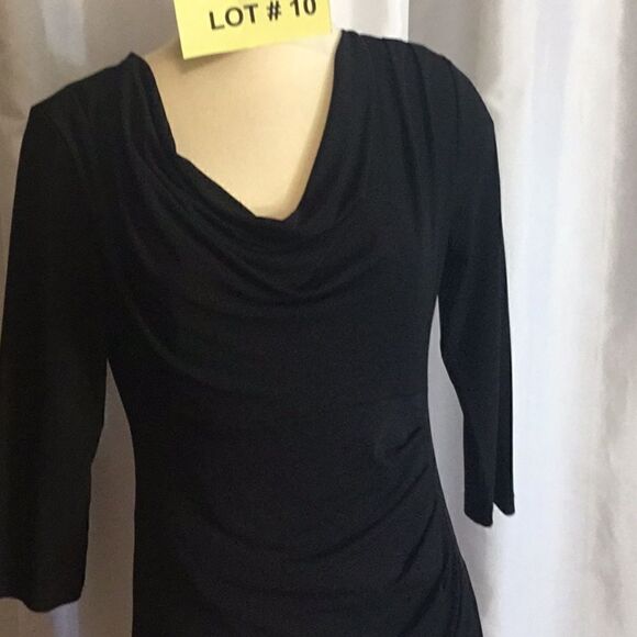 Black 3/4 sleeve dress w/ cowl neck, side pleats - Picture 4 of 12